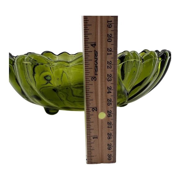 Vintage MCM Indian Glass Footed Bowls Footed Avacado Green Sunflower Scalloped - Picture 9 of 13